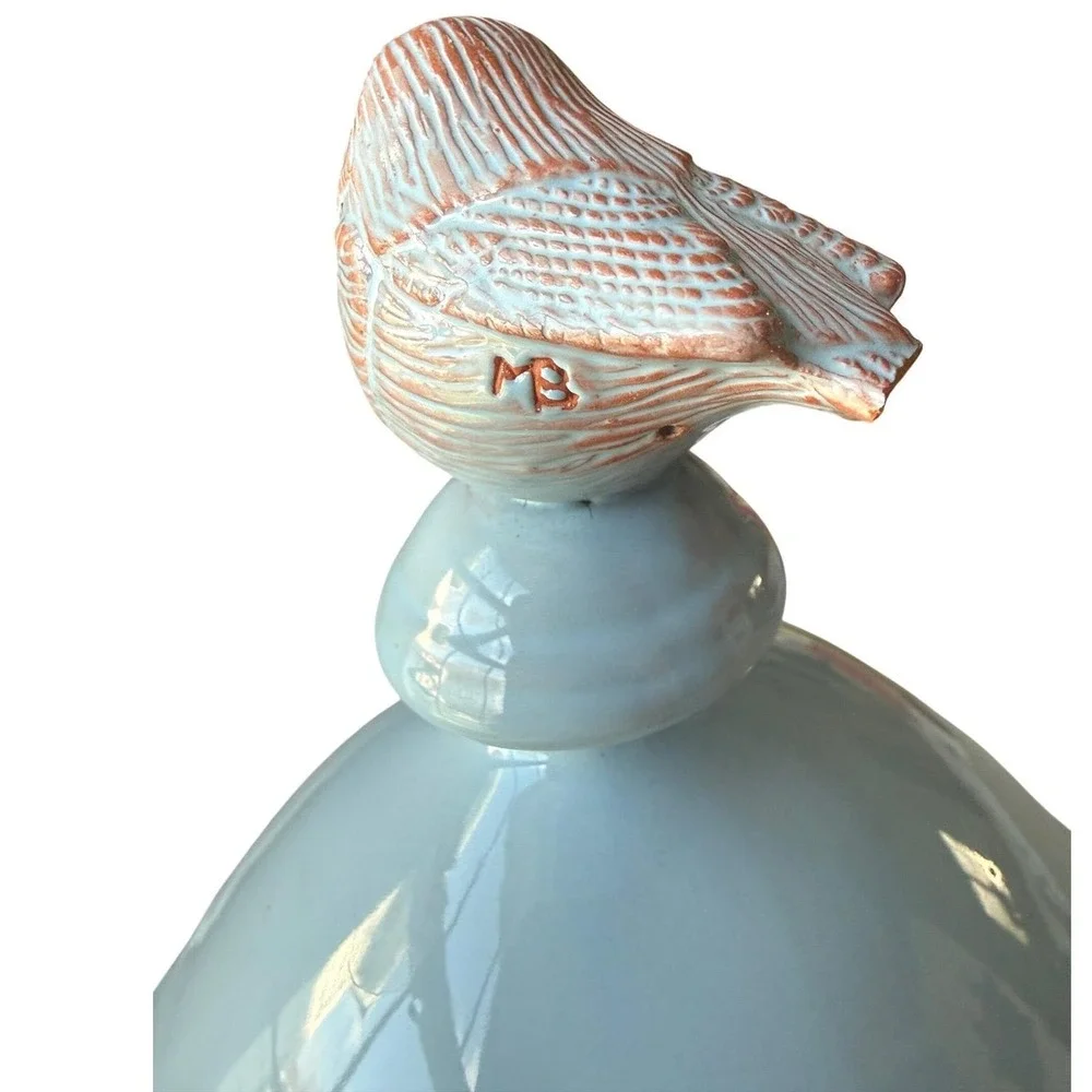 Marjolein Bastin Hallmark License Ceramic Bird Feeder Blue Glaze MB Mark Signed